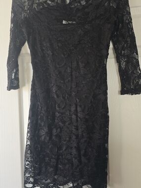 Women's Black Lace Midi Dress with Three-Quarter Sleeves